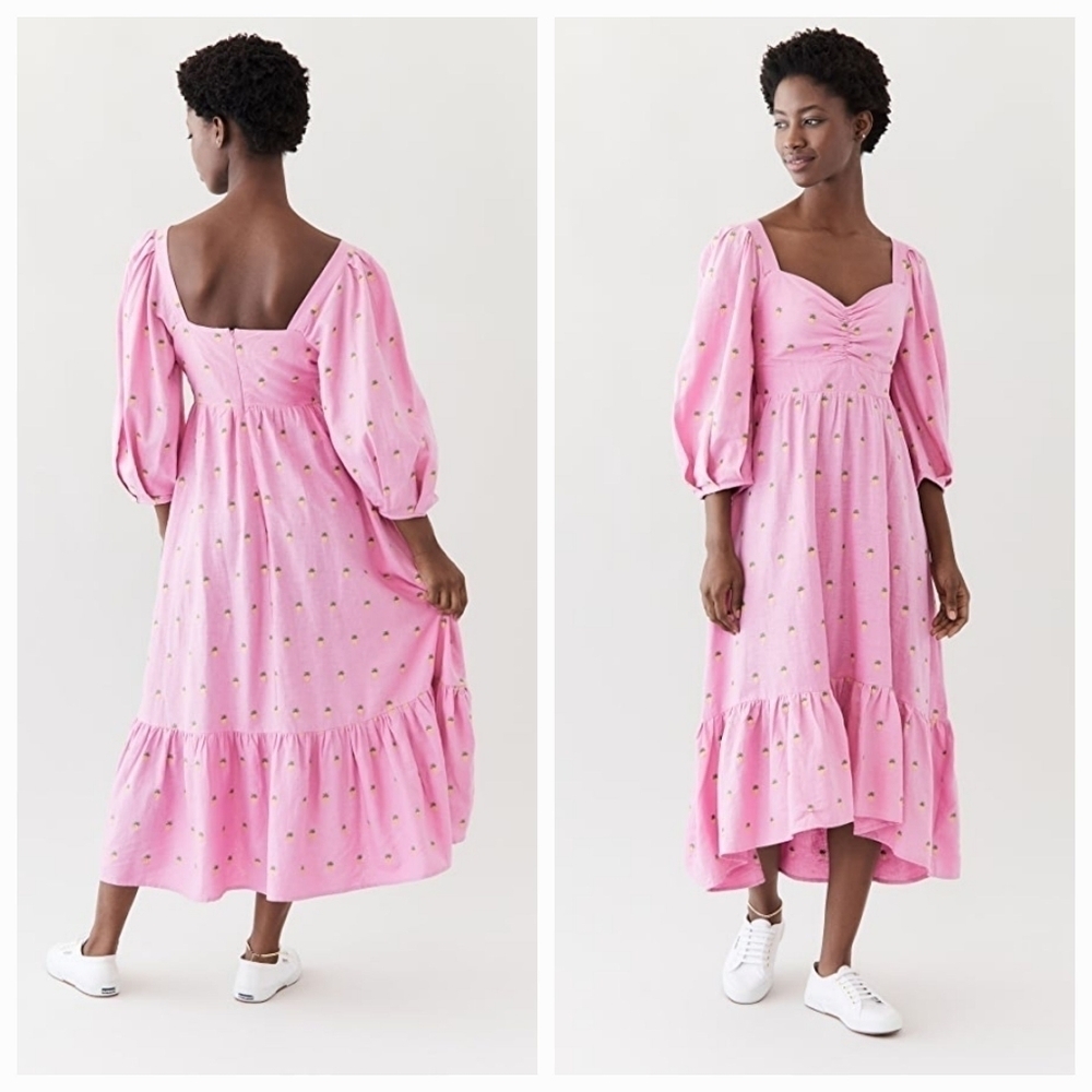 FARM Rio Embroidered Pineapples Pink Midi Dress size L NWT